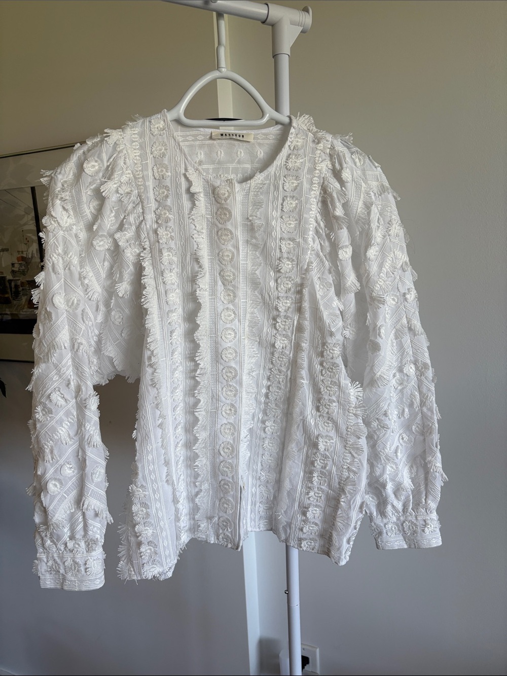 Textured White Embroidered Fringe Blouse